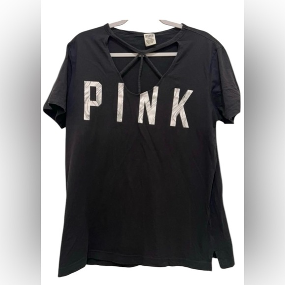 PINK Victoria's Secret Tops - PINK Victoria’s Secret Large short sleeve strappy black & white Logo T-shirt